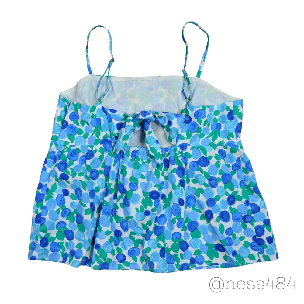 J. Crew Blue/Green Floral Square Neck Smocked Back Tie Tank Top Size 14 NWT - Picture 2 of 5